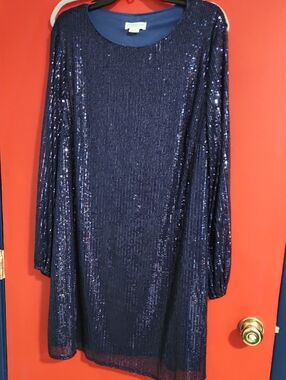 Chic Soul 1XL Navy Sequin Long Sleeve Shift Dress